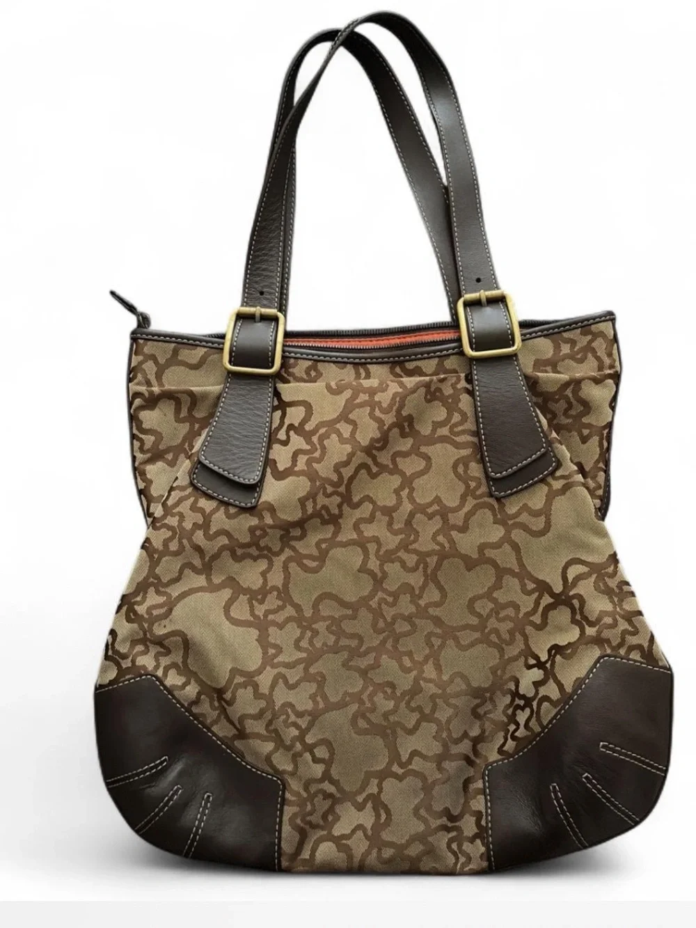 Tous Brown Patterned Canvas and Dark Brown Leather Tote